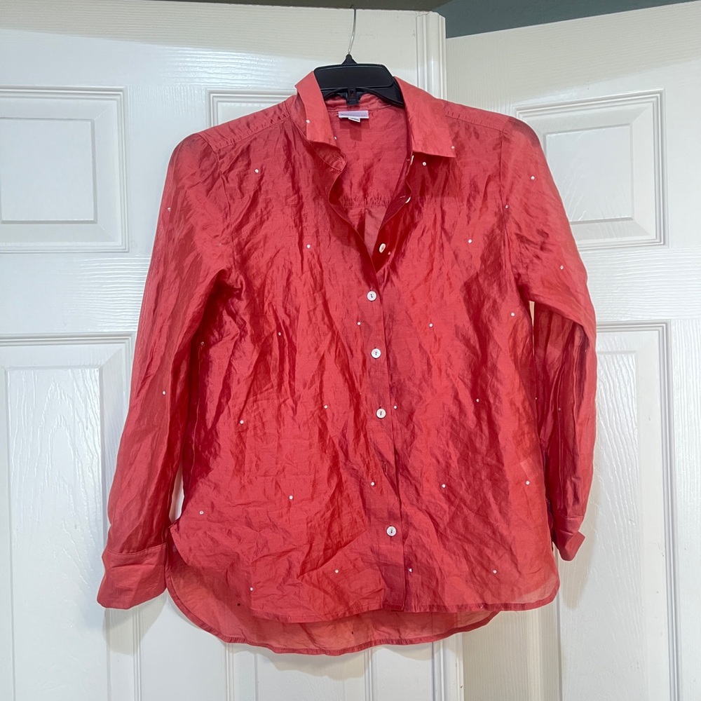 Bailey 44 orange Rhinestone Long Sleeve Button Down shirt sheer size medium